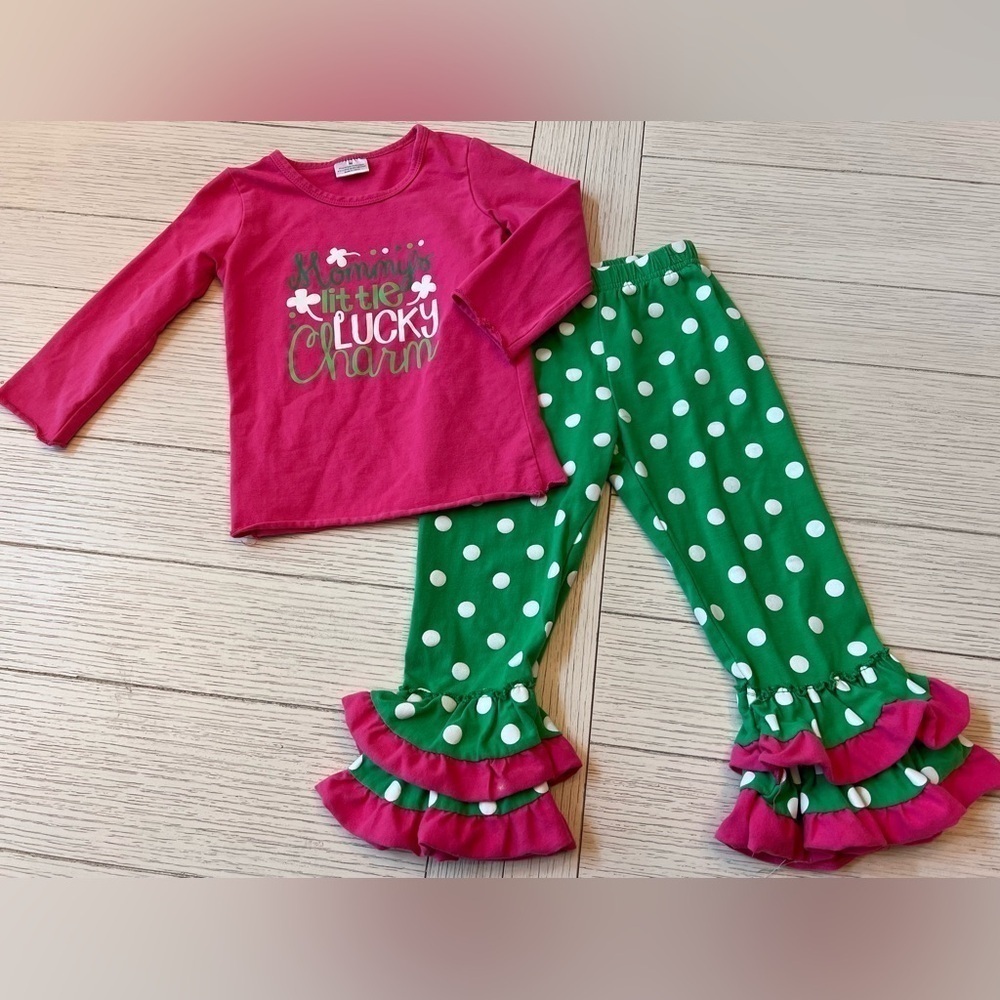 Pink Green White polka dot 2 piece set Sz M 12" Inseam 12-18 Mos Cotton Spandex